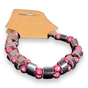 HEMATITE PINK BEADED BRACELET CHROME LOOK